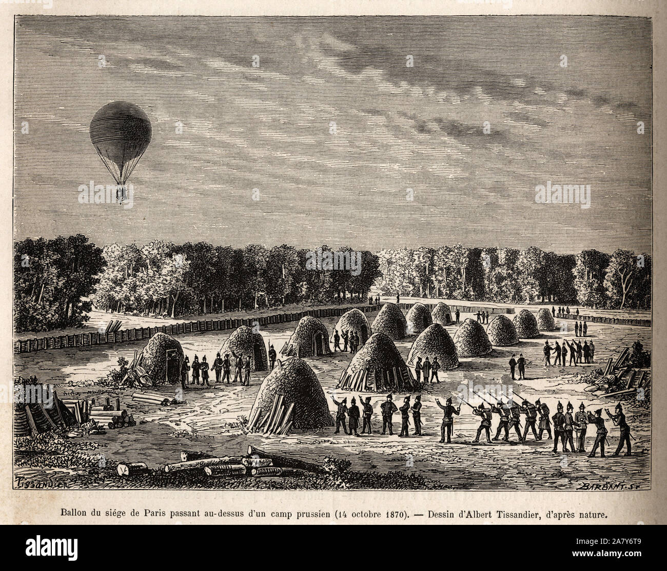 Ballon du Belagerung de Paris passant au-dessus d'un Camp prussien (14 Oktober 1870), Tiefdruck d'après un Dessin de Albert Tissandier illustrant une Etude Stockfoto