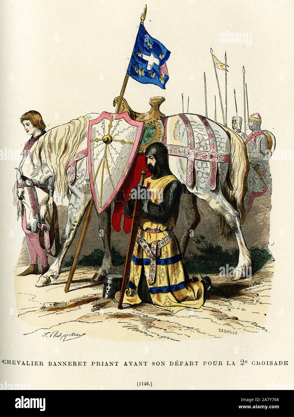 Chevalier banneret (Titer nobiliaire qui Donne le droit de Porter une banniere) priant avant Sohn fahren pour la seconde Croisade (1147-1149). Tiefdruck Stockfoto