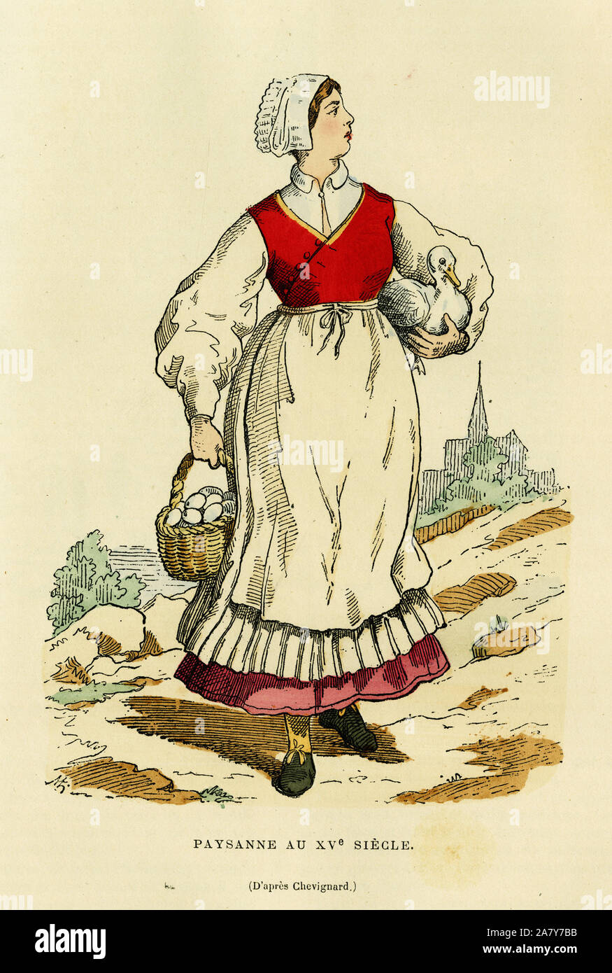 Kostüm de paysanne au XVeme siecle. Gravure en Couleurs d'apres Chevignard, in "la France et les Francais a Travers les siecles'par Augustin Challam Stockfoto