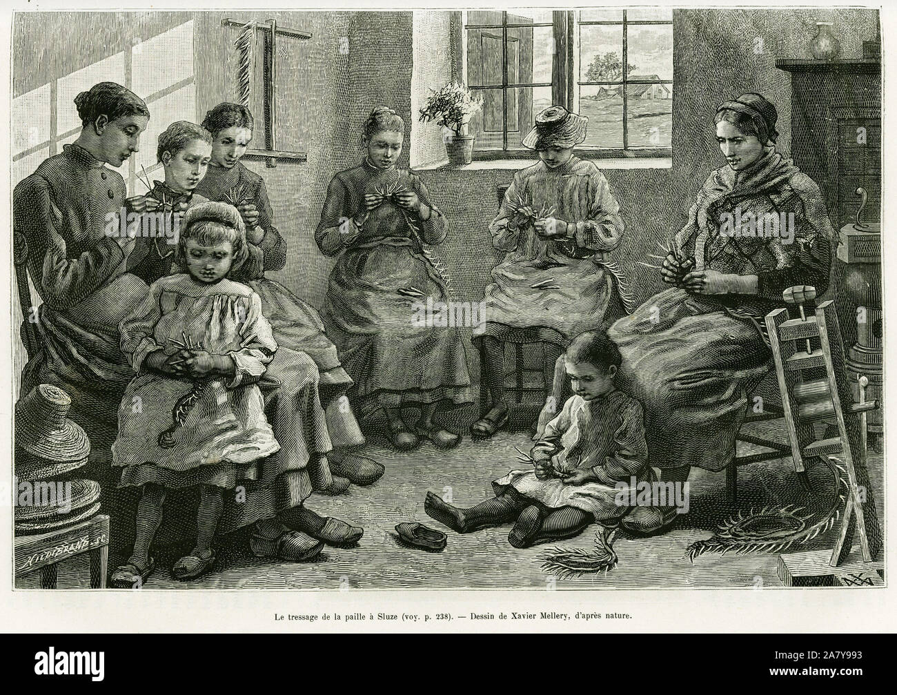 Le tressage de La Paille eine Sluze. Tiefdruck de Xavier Mellery gießen illustrer Le recit La Belgique, par Camille Lemonnier, in le tour du monde 1886, Sou Stockfoto