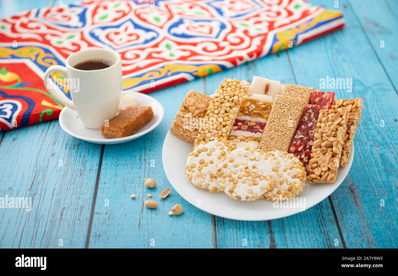 Ägyptische Prophet Muhammad Geburtstagsfeier Frühstück Desserts, die ägyptische Kultur Stockfoto