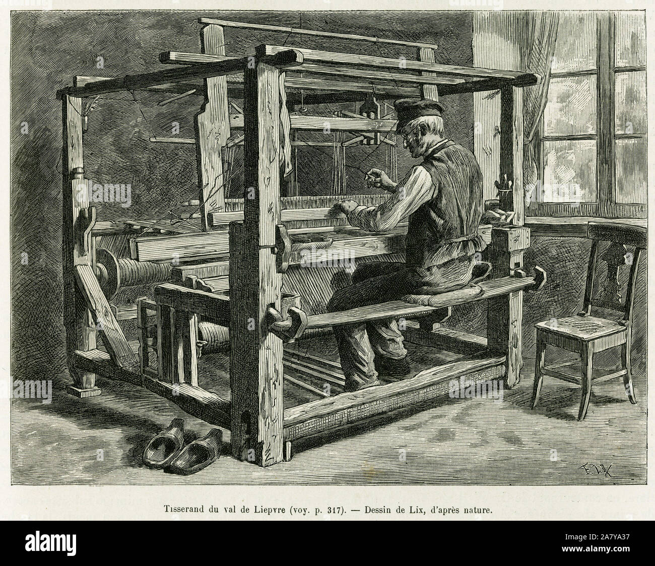 Tisserand du Val de Liepvre. Tiefdruck de Lix, pour le recit illustrer A Travers l'Alsace et la Lorraine, en 1887 par Charles Grad, Delegieren allemand, in Stockfoto