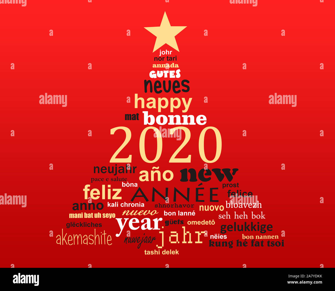2020 Neue Jahr Mehrsprachig golden Text Wort cloud Grußkarte in der Form eines Weihnachtsbaumes Stockfoto