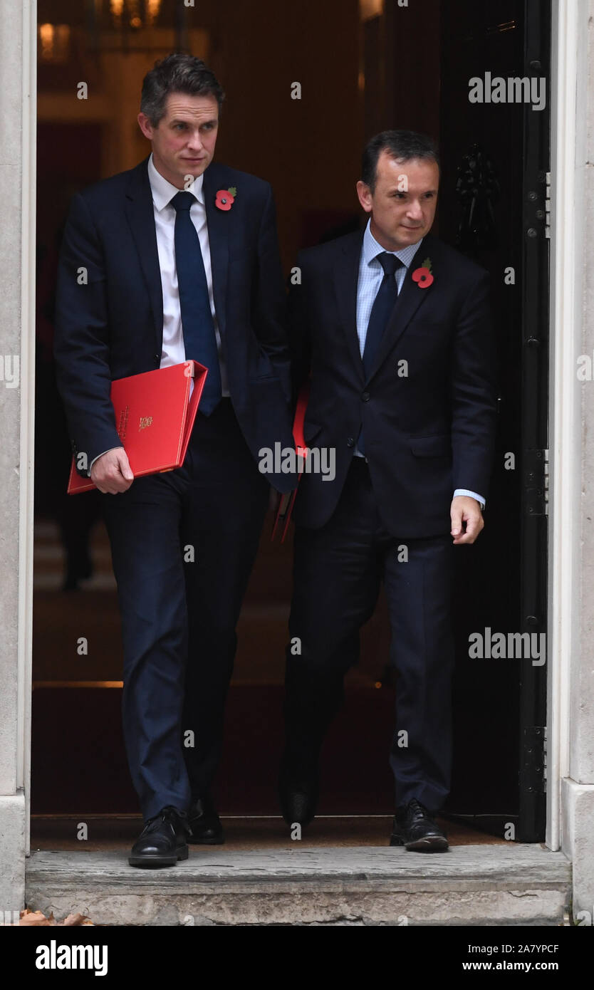 Ausbildung Sekretärin Gavin Williamson (links) und Welsh Sekretär Alun Cairns verlassen nach einer Kabinettssitzung in Downing Street, London. Stockfoto