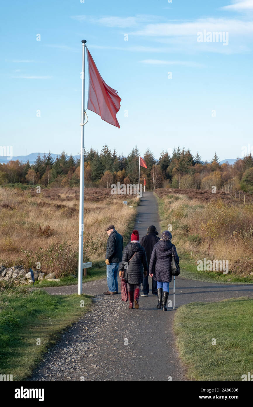 Schlacht von Culloden Website: Markierung, die angibt, an vorderster Front der Regierung die Armee auf dem Schlachtfeld von Culloden Moor, Inverness, Schottland. Stockfoto