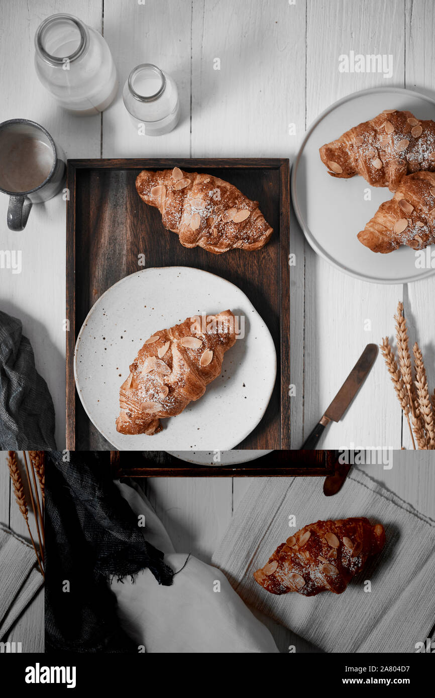 Mandel Croissant mit Pudding Auffüllen auf Holz Hintergrund. Stockfoto