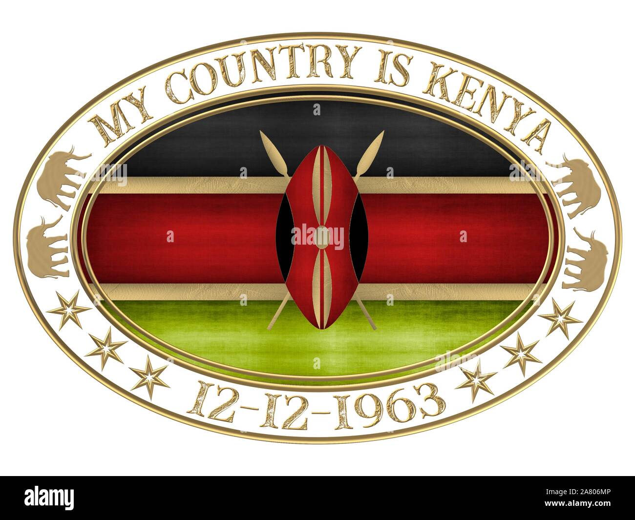 Die Flagge von Kenia mit goldenem Elefantenkopf Stockfoto