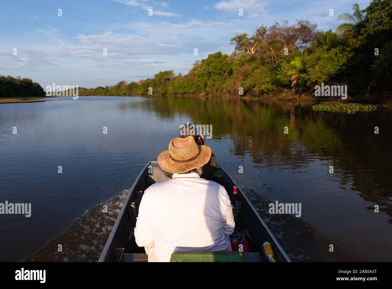 Touristen, mit einem Boot entlang des Rio Negro im südlichen Pantanal Stockfoto