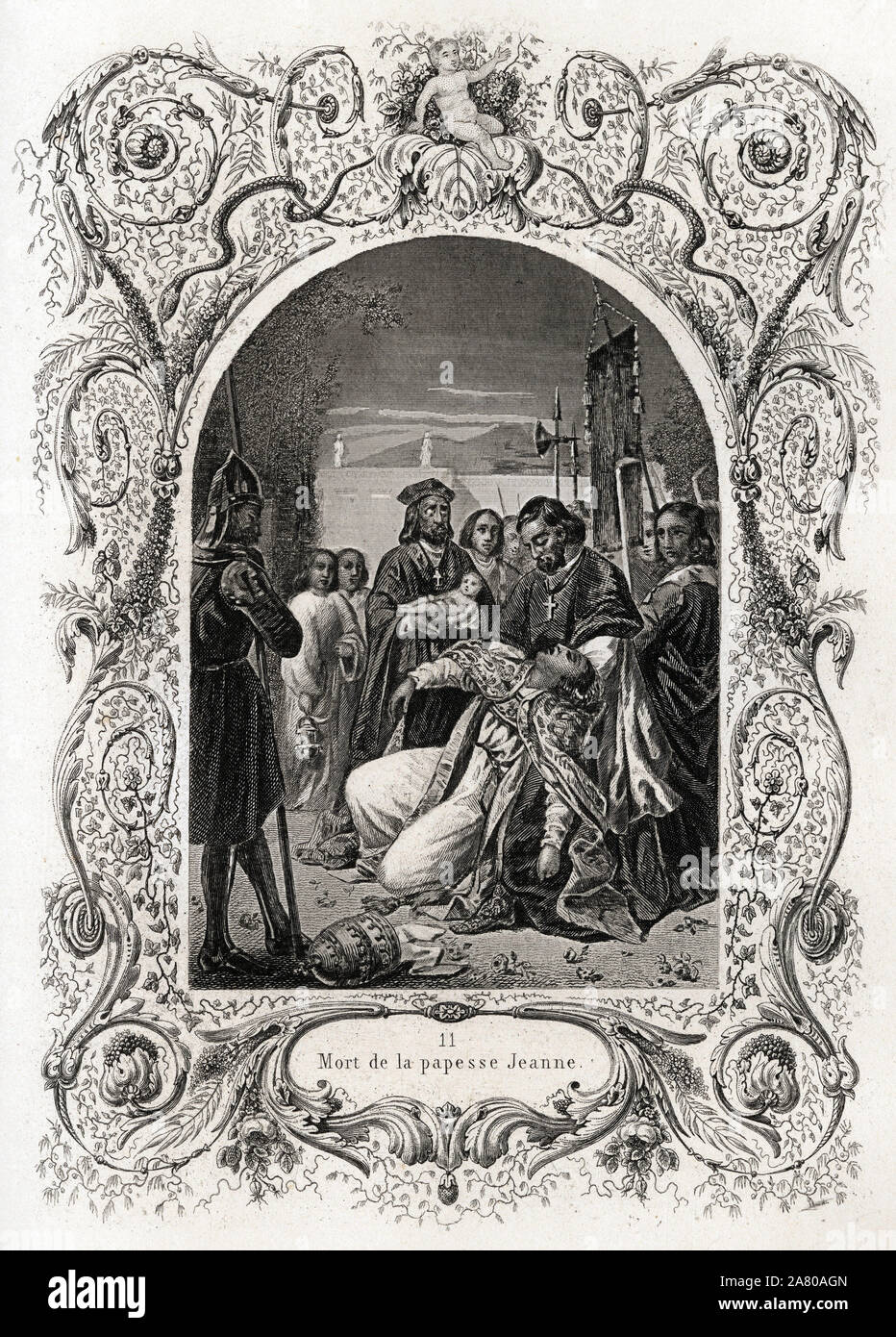 Mort de la papesse Jeanne (pontificat de 855 a 858). Tiefdruck gießen illustrer Histoire des Papes par Maurice Lachatre (1814-1900), librairie du Progres Stockfoto