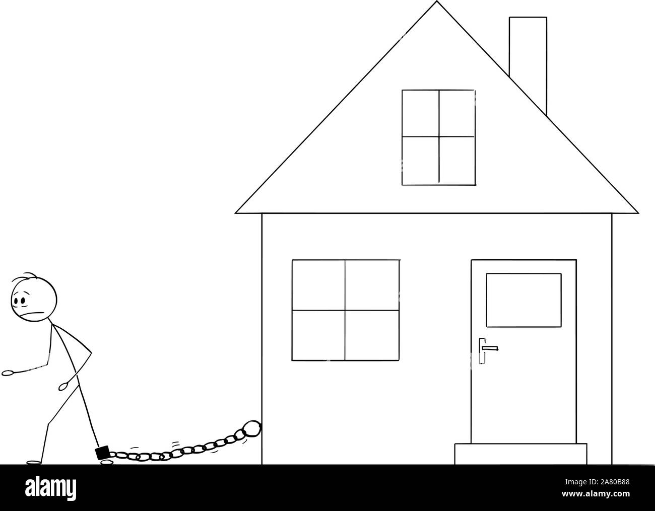 Vektor cartoon Strichmännchen Zeichnen konzeptionelle Darstellung der Mann angekettet von eisernen Kette zu seinem Haus. Konzept der Gehäuse oder der Hypothek Kosten. Stock Vektor