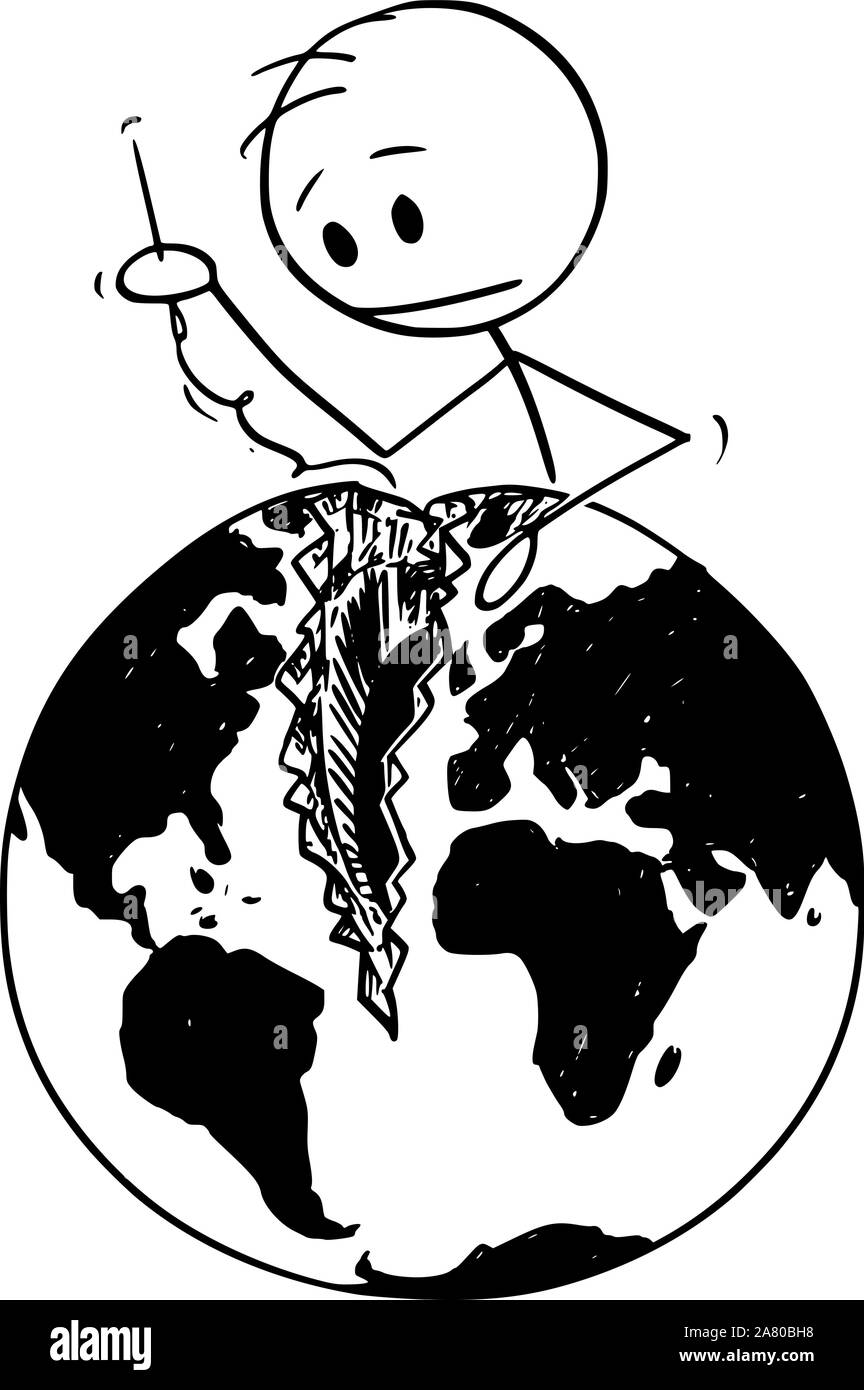 Vektor cartoon Strichmännchen Zeichnen konzeptionelle Darstellung der Mann mit Nadel nähen gebrochene Welt, Kugel oder Erde. Konzept der Versöhnung des Atlantischen Nationen und Friedensarbeit. Stock Vektor