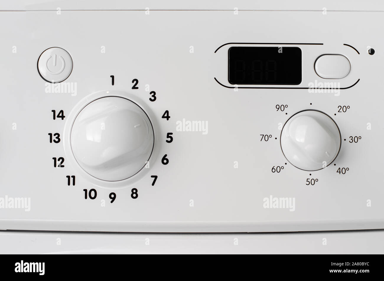 Haushaltsgeräte Konzept. Ein Teil der Waschmaschine Control Panel. Programm Auswahl und Temperatur Regler. Stockfoto