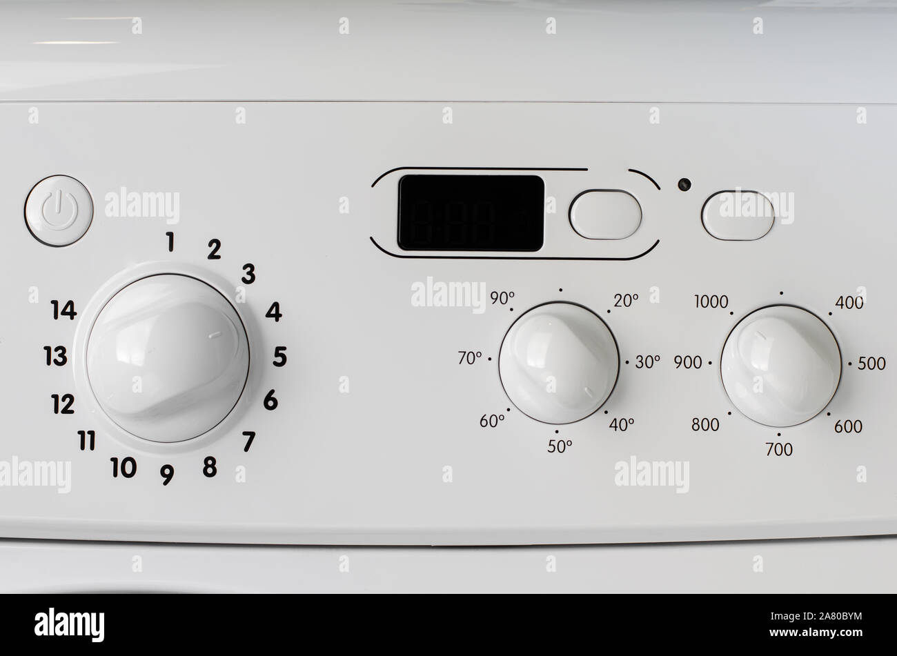 Haushaltsgeräte Konzept. Ein Teil der Waschmaschine Control Panel. Programm Auswahl, Temperatur und spin Regler. Stockfoto