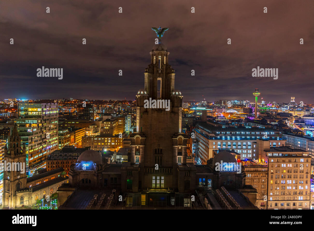 Liverpool und Liverbird Gebäude bei Nacht. Stockfoto