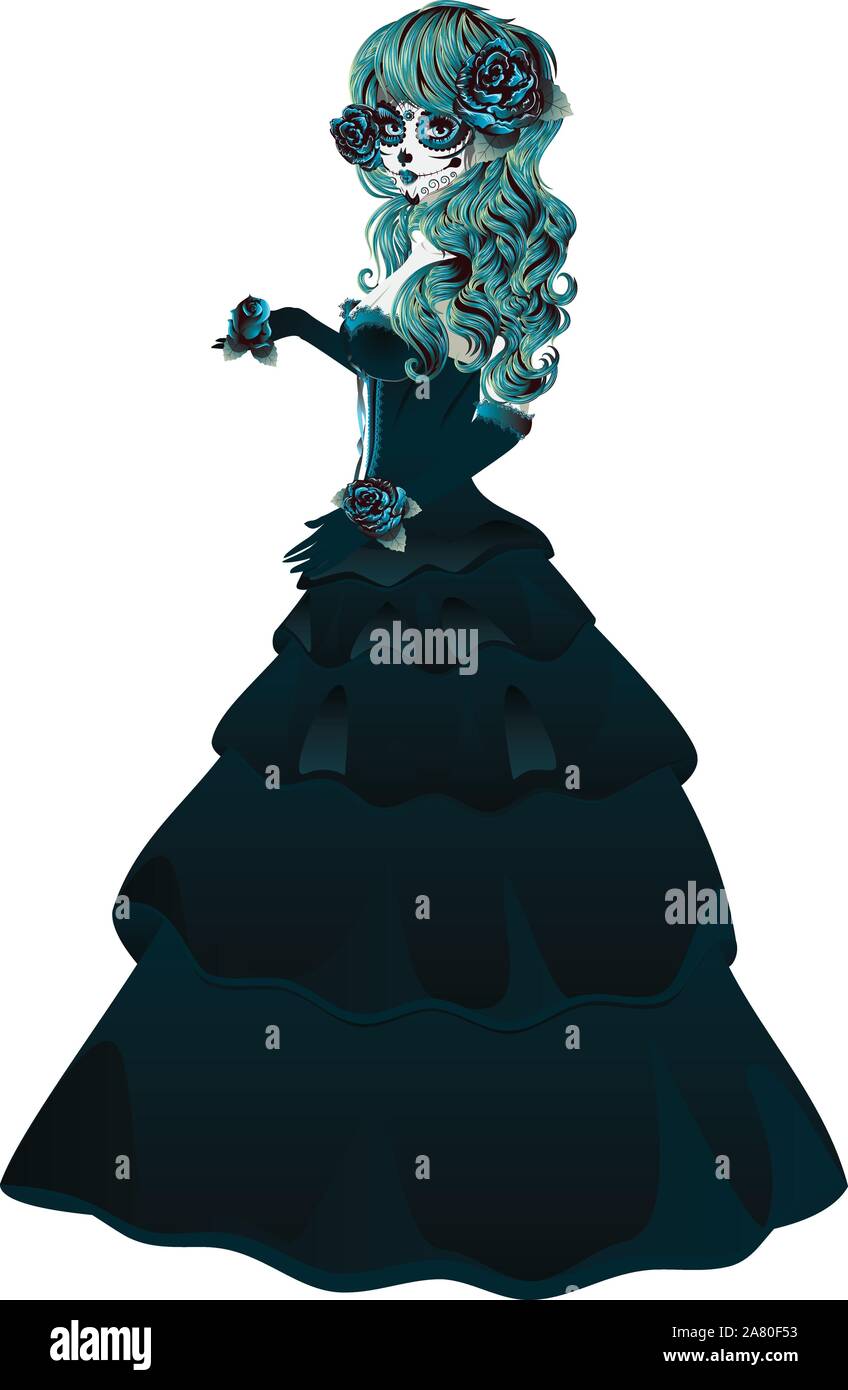 Vintage Sugar Skull Mädchen mit Rosen für Tag der Toten (Dia de los Muertos). Stock Vektor