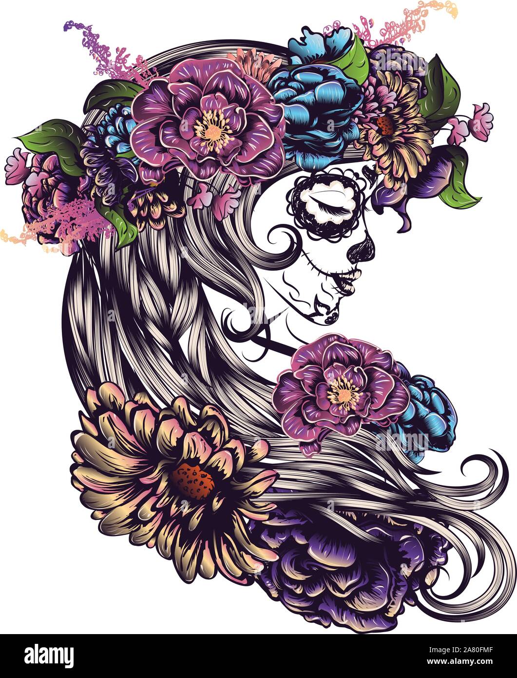 Tag der Toten Abbildung mit Sugar Skull girl in dekorativen Blumenkranz. Stock Vektor