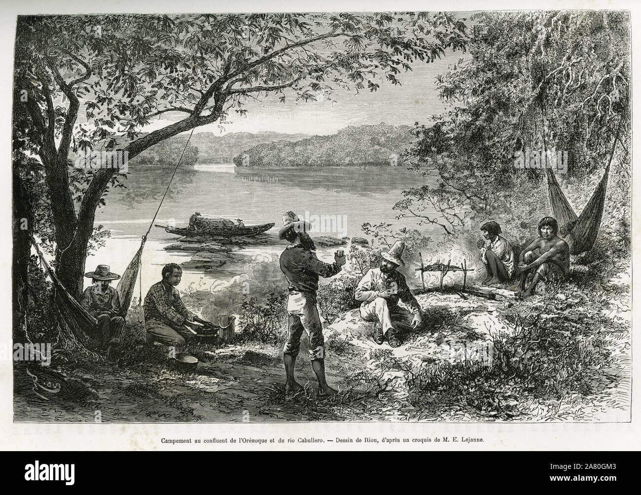Le campement des explorateurs, aux confluent de l'Orenoque et du rio Cabullero. Tiefdruck de Riou, Gießen illustrer Le Voyage d'Exploration a Travers La N Stockfoto