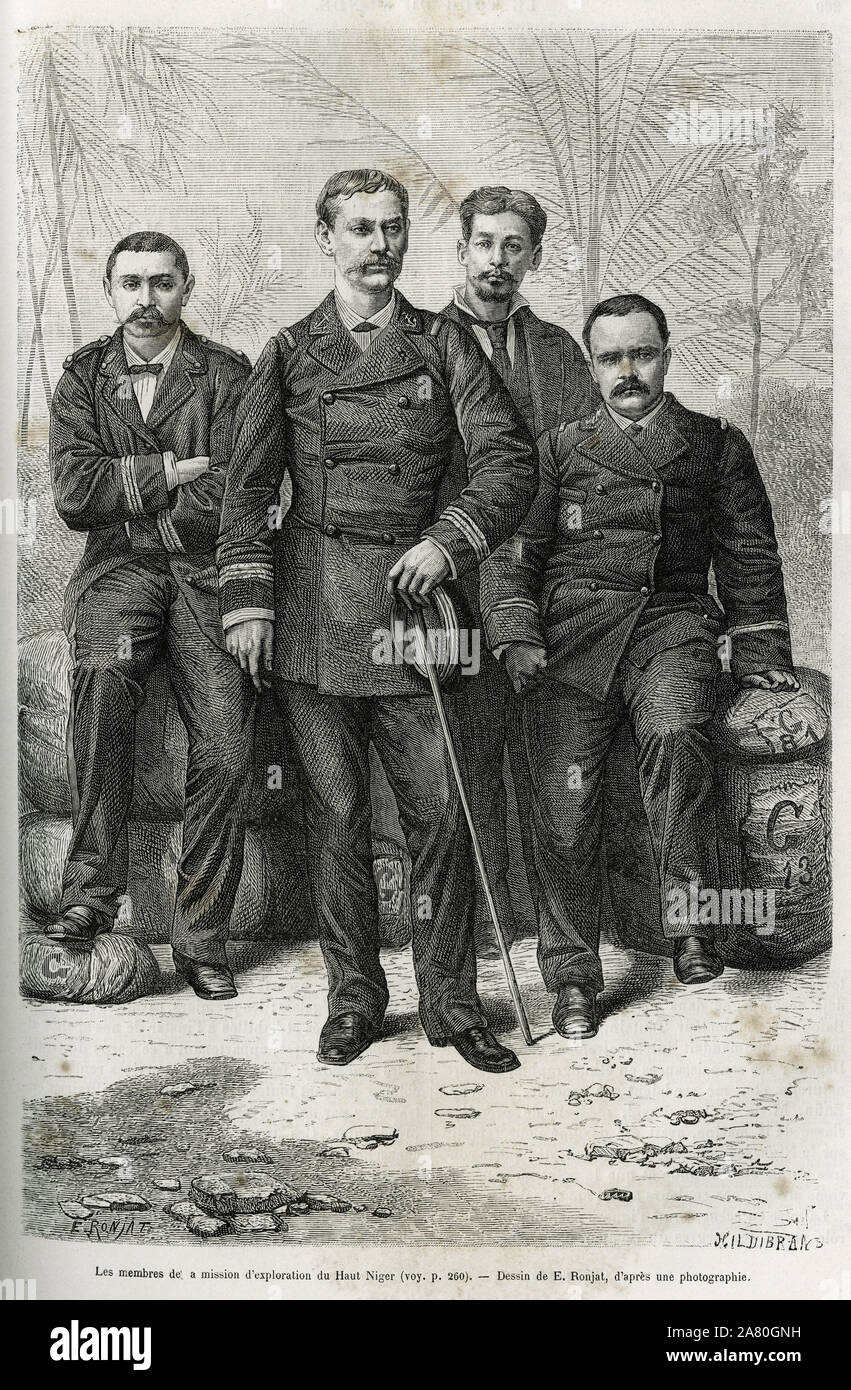 Les membres de la Mission d'Exploration: (de gauche a Droite:) Messieurs Pietri, Lieutenant d'Artillerie, kostenlos de la conduite du convoi, le Befehl Stockfoto