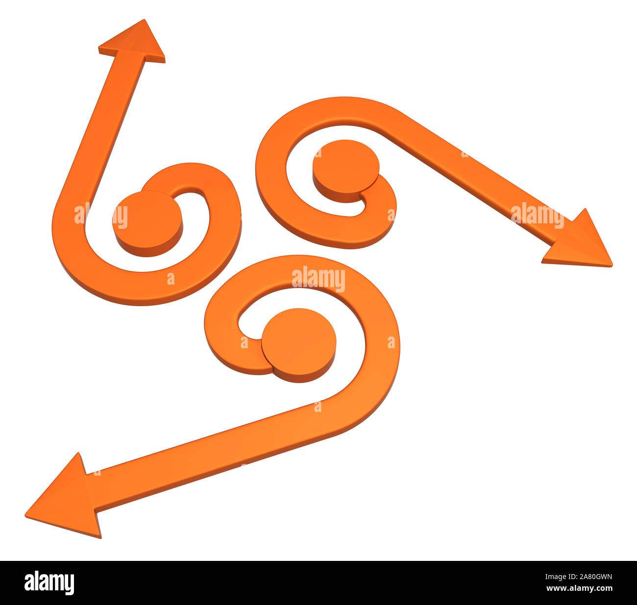 Orange symbolische Pfeil uncurl, 3D-Darstellung, horizontal, über Weiß, isoliert Stockfoto