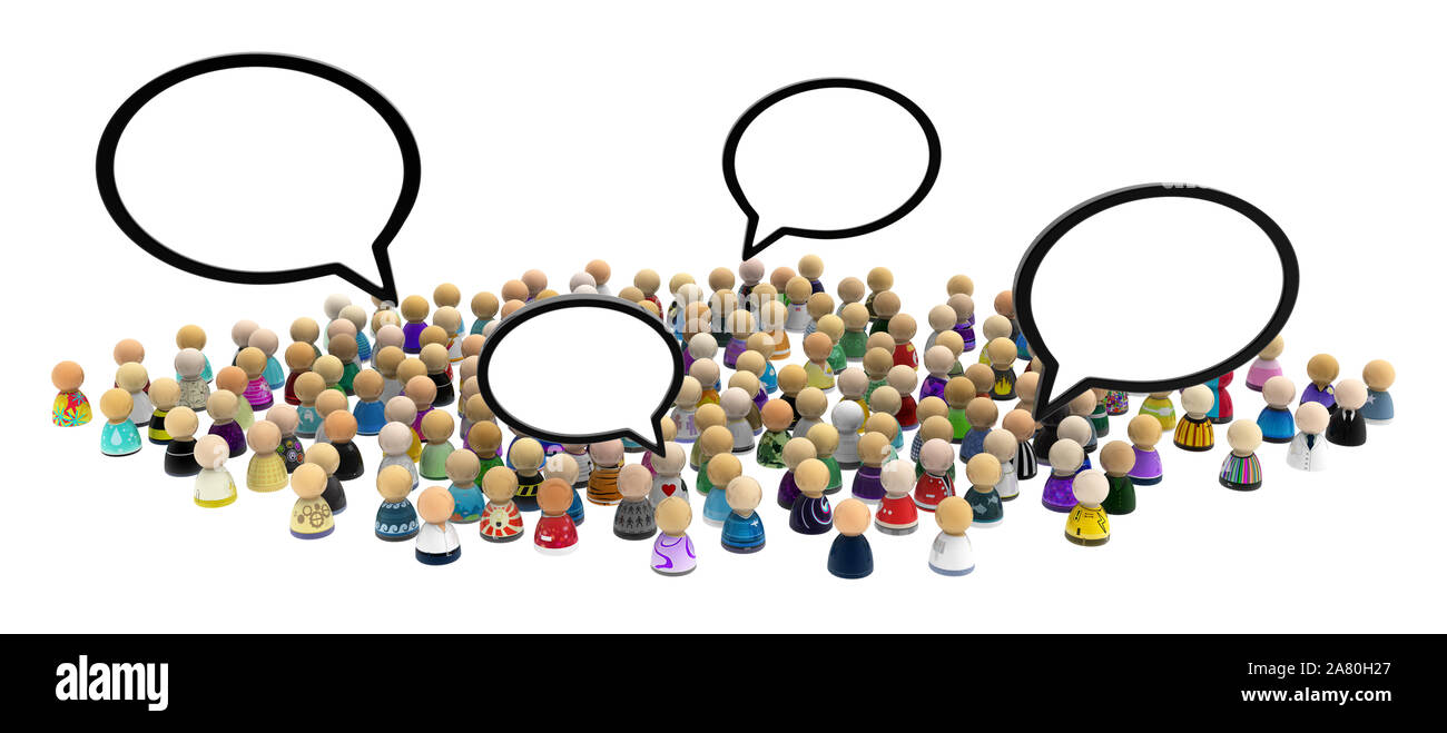 Masse von kleinen symbolischen Figuren, Sprechblasen leer, 3D-Darstellung, horizontal Hintergrund, über Weiß, isoliert Stockfoto