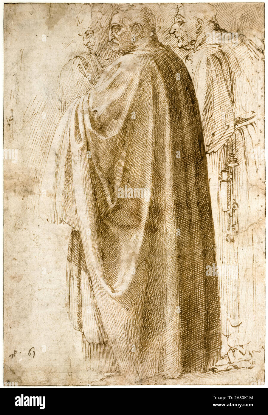 Michelangelo Buonarroti, Drei stehende Männer in weiten Umhänge, nach links gedreht, (recto), Zeichnen, ca. 1492-1496 Stockfoto