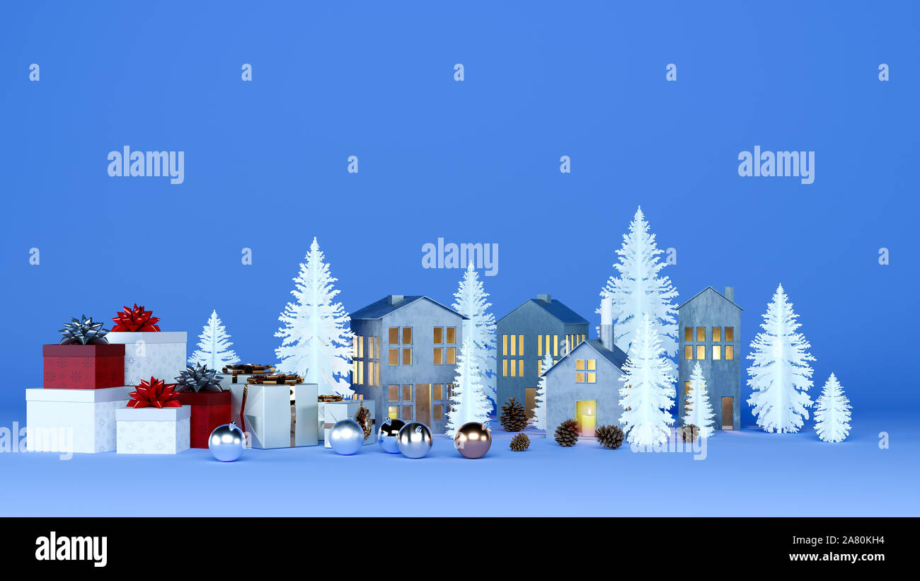 Weihnachtsgeschenke, Geschenk, Kästen auf dem Hintergrund der hausgemachten Papier basteln, Weihnachten Spielzeug und dekorative Kerzenständer auf einem blauen Hintergrund Stockfoto