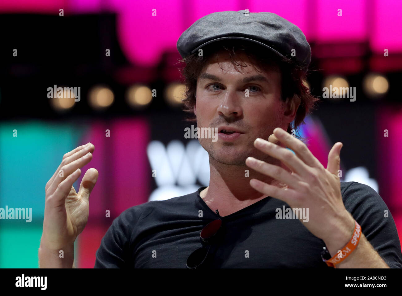 Lissabon, Portugal. 5 Nov, 2019. Schauspieler Ian Somerhalder spricht während der jährlichen Web Gipfel Technologie Konferenz in Lissabon, Portugal am 5. November 2019. Credit: Pedro Fiuza/ZUMA Draht/Alamy leben Nachrichten Stockfoto