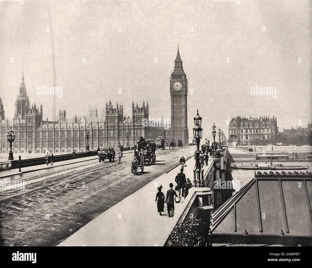 Von "Der beschreibende Album von London" von George H Birke 1896 - extrahierten Text: "westminter Brücke ist 160 Fuß Brücken über auf der rightlong und 85 Meter breit und besteht aus der Themse, und von ihm aus einen guten Blick auf Hand ist die Albert Embankment, gegenüber Westminster Bridge wurde 1856-62 durch die Seite gebaut, auf Kosten von einer Viertel Million Pfund. Es sieben: Bögen, von Granit Säulen getragen, die Zentrale arch mit einer Spannweite von 120 Metern. Es ist eines der besten Häuser des Parlaments erhalten werden können. Die Victoria Embankment beginnt am linken Ufer, hier gezeigt, und die Häuser, von P Stockfoto