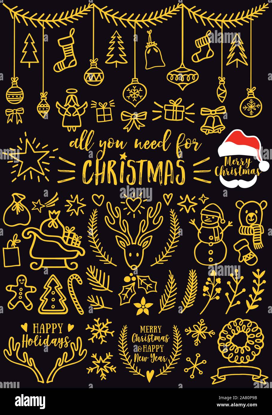 Gold Weihnachten doodles für Karten, Banner, der vektor design Elemente einstellen Stock Vektor