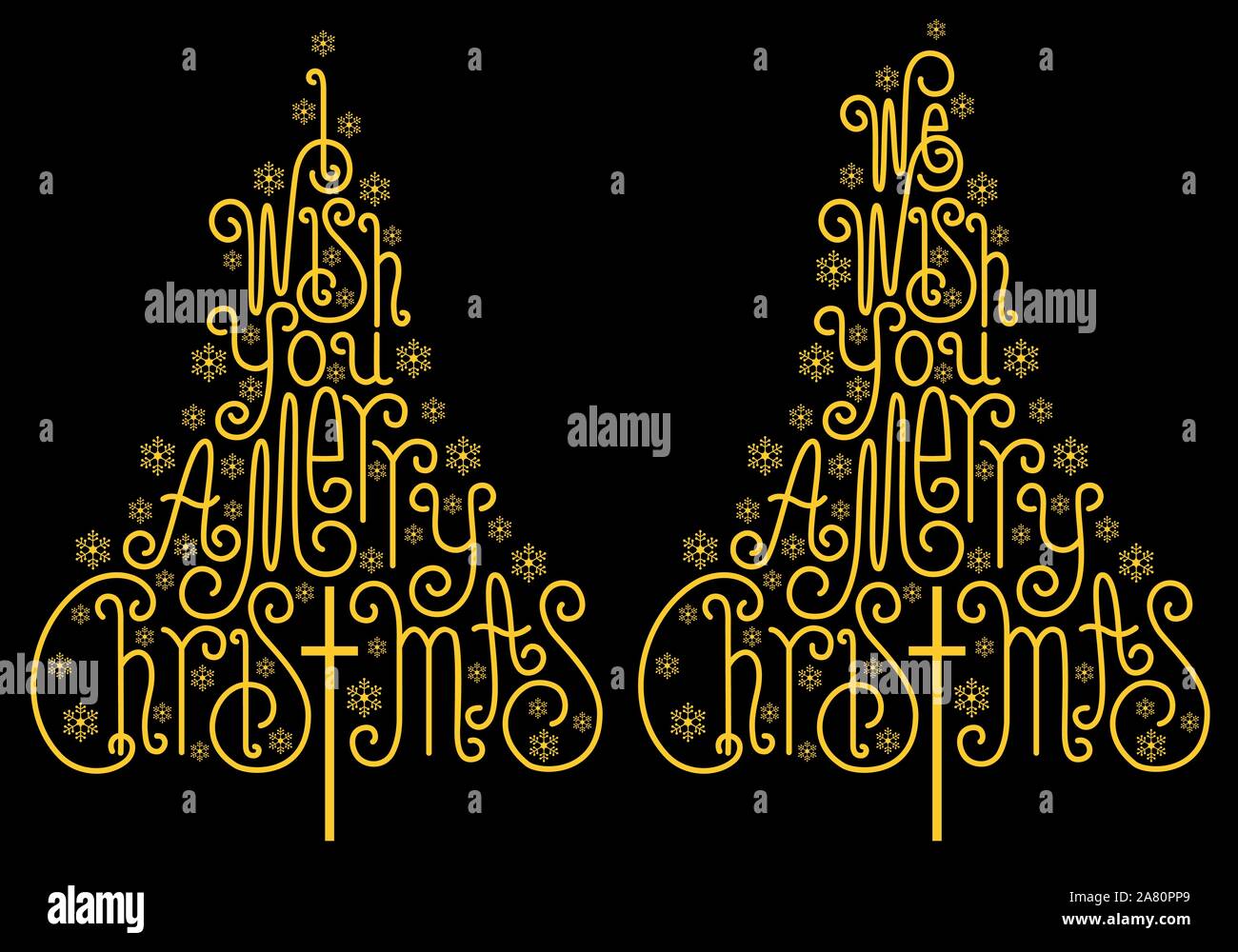 Gold Weihnachtsbäume mit hand Buchstaben und Schneeflocken gezeichnet, Vektor Stock Vektor