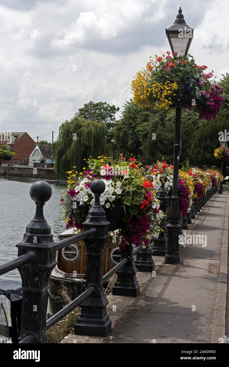 Während der Sommermonate in Großbritannien, lokale Räte Anlage eine Mischung aus bunten Flora an öffentlichen Orten wie Parks. Viktorianischen lampe Beiträge Dekor Stockfoto