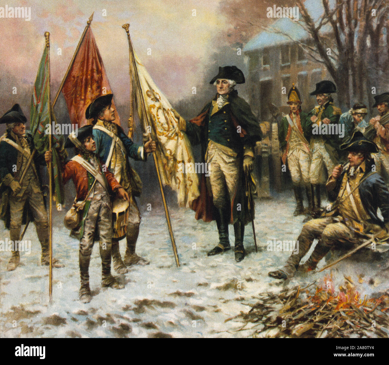 Washington Inspektion der aufgenommenen Farben nach der Schlacht von Trenton während des Amerikanischen Unabhängigkeitskrieges. Nach einer Arbeit von E.Percy Moran. Stockfoto