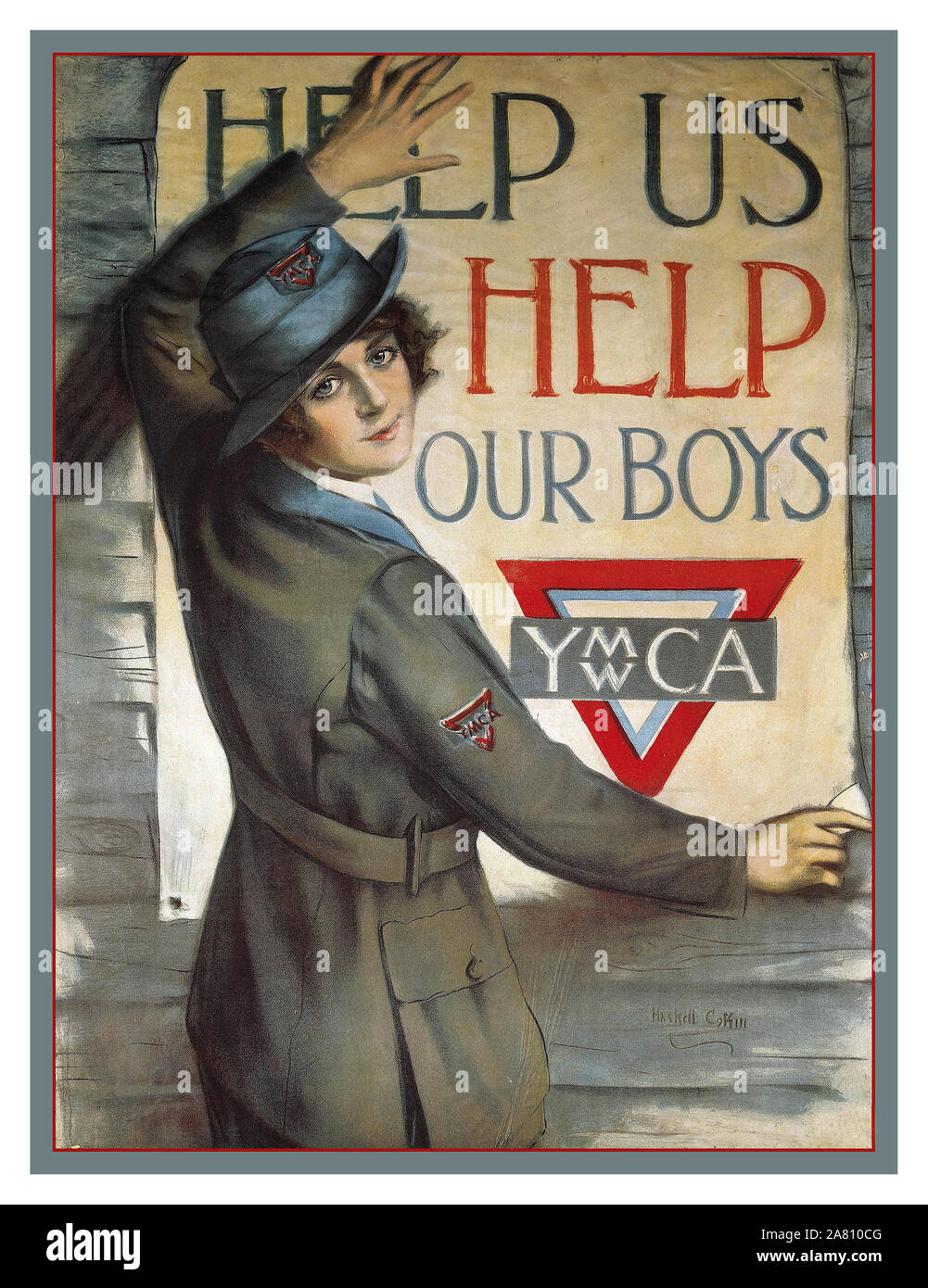 Vintage YMCA American historic WW1 Propaganda Beschwerde poster' helfen uns, unsere jungen Künstler Haskell Sarg für die "Vereinigten arbeit Kampagne "YMCA Amerika USA Erste Weltkrieg Weltkrieg 1 Hilfe Stockfoto
