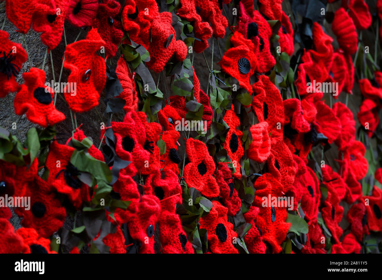 Gebühr £ 75 pro Bild für online und £ 150 für Drucken aus Gewirken Poppy Kirche Carmunnock Pfarrkirche, Kirk Rd, dargestellt: Mohnblumen am Kirk. Gegangen, aber stricken vergessen Gemeindemitglieder haben die außerhalb Ihrer Kirche dekoriert mit mehr als 9000 Mohn 100 Jahre seit dem Ende des Ersten Weltkriegs Mitglieder der Carmunnock Pfarrkirche zu markieren, in der Nähe von Glasgow, versahen zusammen mit den roten Blumen, die rund um die Kirche gründen aufgehängt wurden zu nähen. Die auffällige Projekt, der zur Erinnerung Tag abgeschlossen wurde, eine Hommage an die Soldaten, die kämpften und im Konflikt zwischen 1914 und 191 gestorben Stockfoto