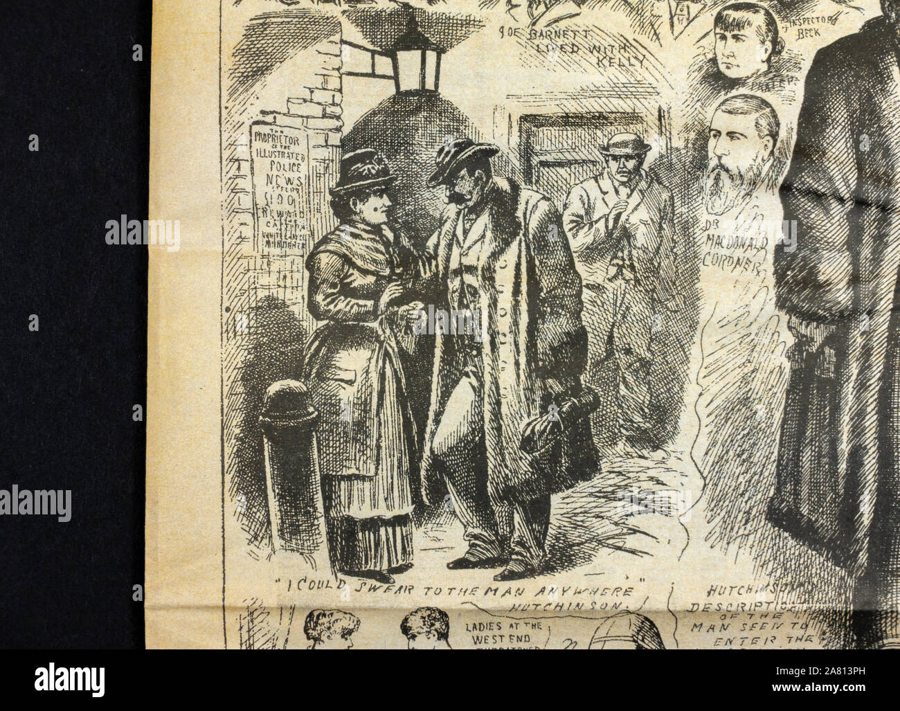 Jack the Ripper ära Zeitung (Nachbau): Illustrierte Polizei News (24.11.1888) Titelseite Übersicht portrait Skizzen von Verdächtigen. Stockfoto