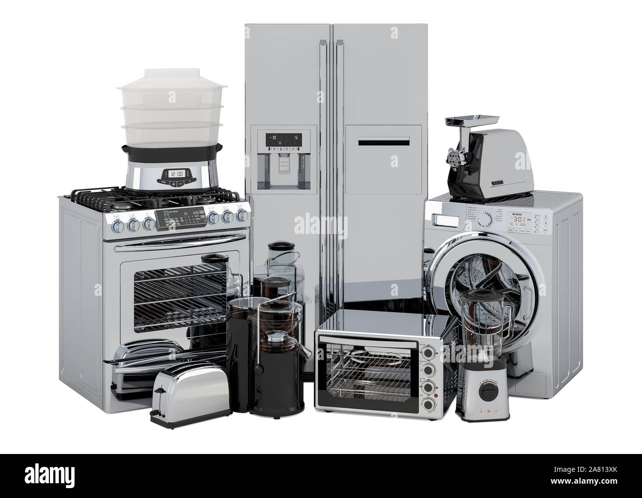 Set an Küchen- und Haushaltsgeräte in Silber, 3D-Rendering auf weißem Hintergrund Stockfoto