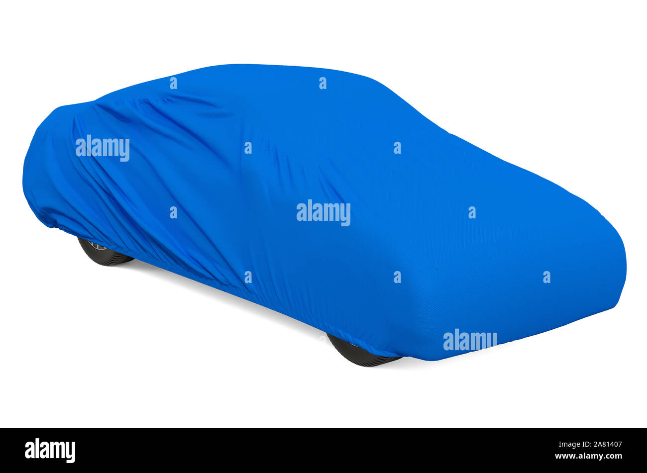 Blue car Cover auf dem Auto, 3D-Rendering auf weißem Hintergrund Stockfoto