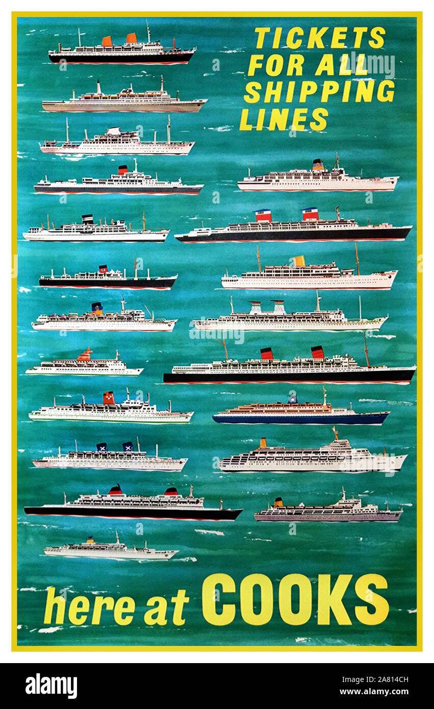 Vintage Travel Kreuzfahrt 1960 Cruise Line Poster produziert von Thomas Cook "Tickets für alle Reedereien" Kunstwerk E. Hanna. Bemerkenswerte Kreuzfahrtschiffe dargestellt sind die SS Canberra, die RMS Queen Elizabeth, SS Australis, SS, SS Leonard Da Vinci, RMS Rangitane und SS Uganda. Stockfoto