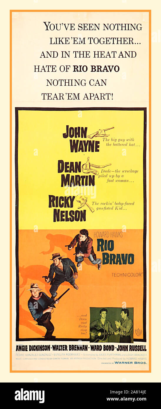 RIO BRAVO JAHRGANG 1950 USA Film Poster für den Klassiker Howard Hawks Western "Rio Bravo" (1959). Mit John Wayne Dean Martin Ricky Nelson Rio Bravo ist ein 1959 amerikanischen Western Film produziert und von Howard Hawks und mit John Wayne, Dean Martin, Ricky Nelson, Angie Dickinson, Walter Brennan, und Ward Bond geleitet. Von Jules Furthman, Leigh Brackett, basierend auf der Kurzgeschichte "Rio Bravo" von B. H. McCampbell geschrieben, Stockfoto