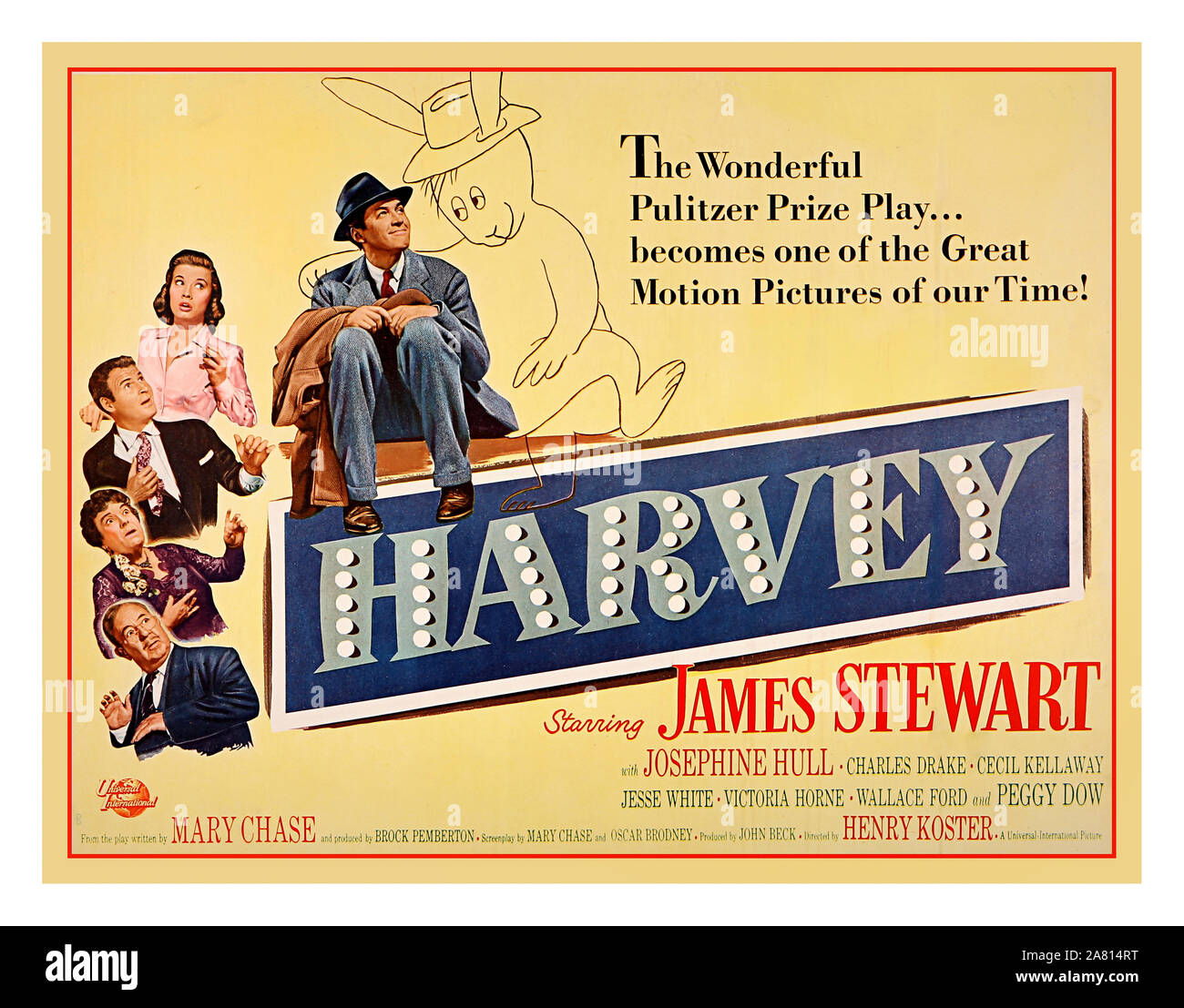 1950er Jahrgang Film Film Poster für die James Stewart Komödie 'Harvey' (1950). Das Plakat zeigt ein Bild des Imaginären titular Kaninchen. Unter der Regie von Henry Koster Stockfoto