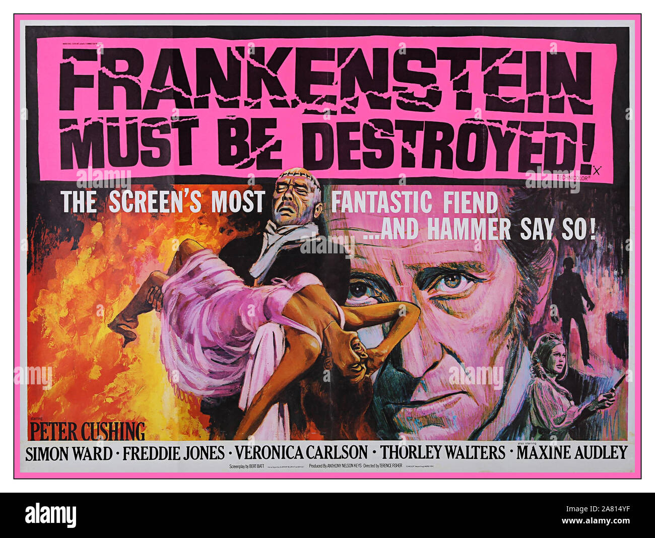 Frankenstein Vintage UK Filmplakat für den Hammer Horrorfilm "Frankenstein Muss Zerstört werden" (1969). Der Film wurde mit drei Quad-Postern beworben, aber diese Variante mit der farbvollen Chantrell-Illustration ist die sortierteste nach. Stockfoto