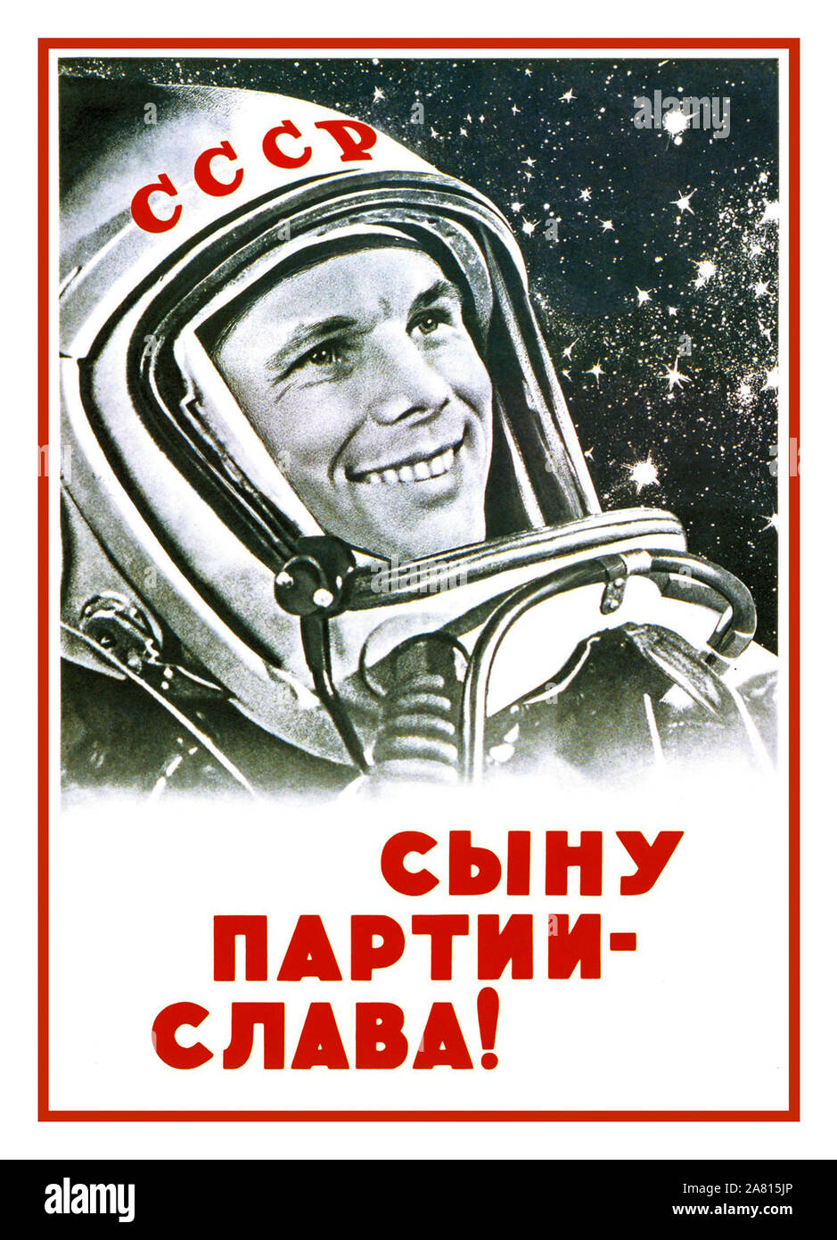 YURI GAGARIN VINTAGE 1960ER JAHRE [" AN DEN SOHN DER PARTEI - RUHM! „] russisches CCCP-Poster zur Erkundung des russischen Weltraumrennens feiert Kosmonaut Yuri Gagarin – der erste Mann im Weltraum; 12. April 1961. Stockfoto