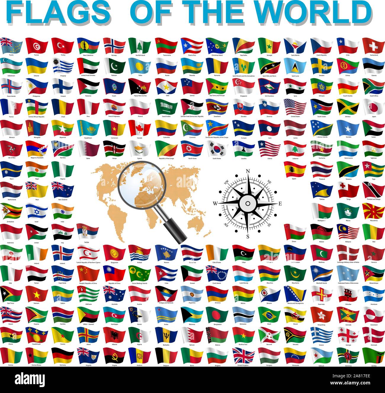 Satz von Flaggen der Welt souveräner Staaten, die von den Ländern Namen unterzeichnet. Stock Vektor
