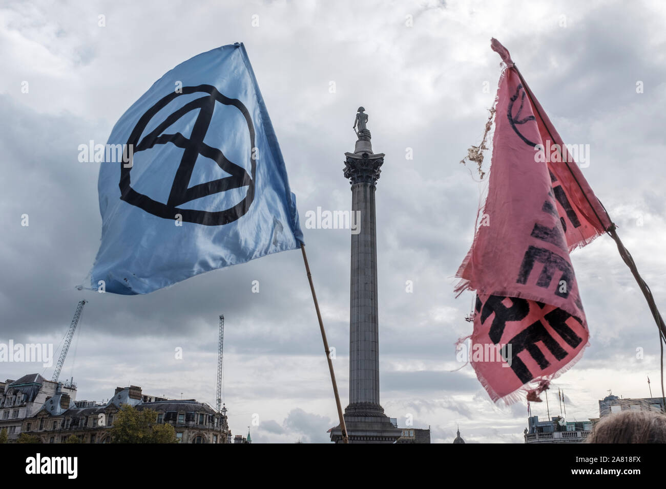 London, UK, Oktober, 2019. Fahnen und Banner des Aussterbens rebellion Demonstranten auf dem Trafalgar Square. Stockfoto