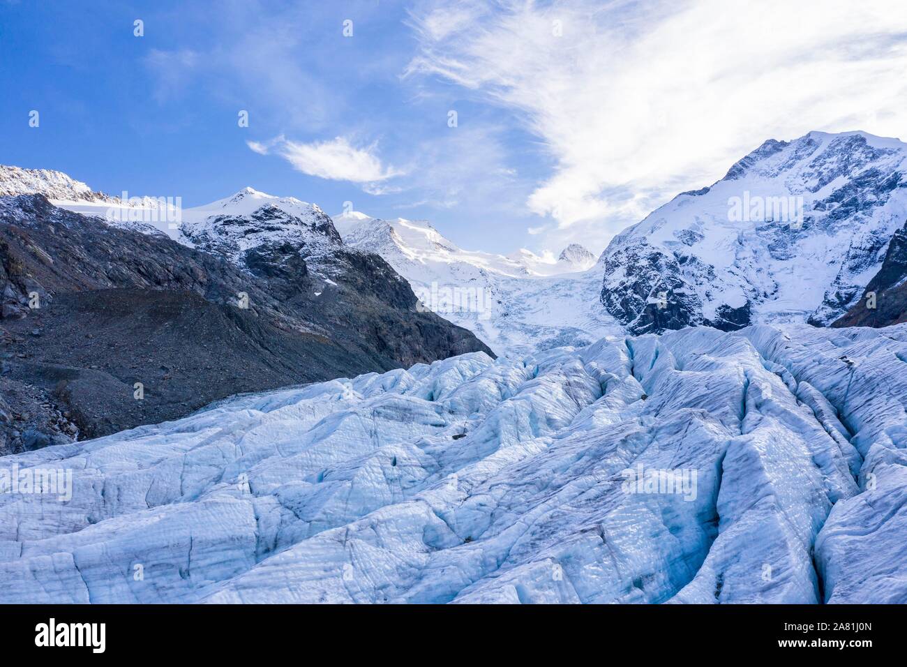 Morteratsch Gletscher, Berninagruppe mit Piz Bernina, Bernina, Engadin, Kanton Graubünden, Schweiz Stockfoto