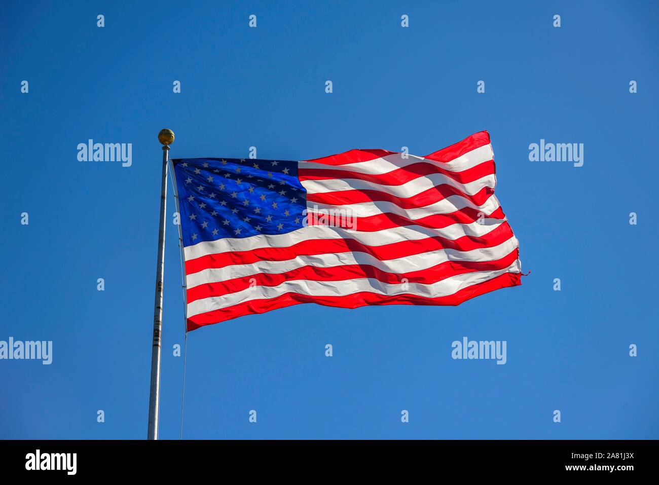 Amerikanische Flagge, Flagge, US-amerikanische Flagge weht im Wind vor blauem Himmel, USA Stockfoto
