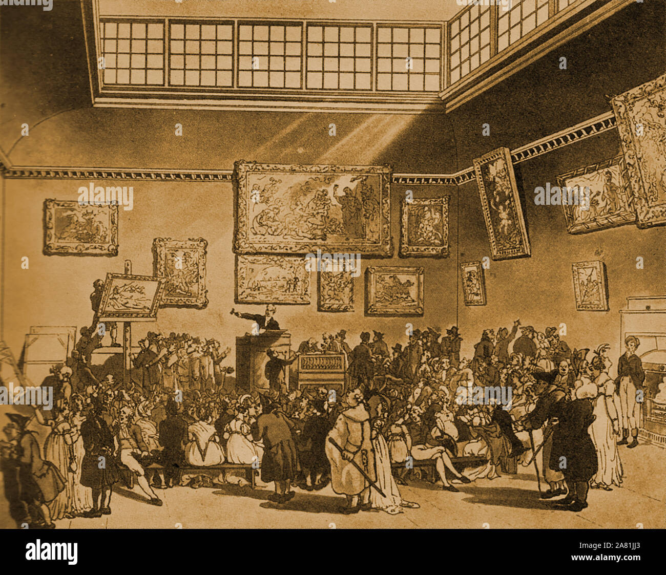 Ein Druck- oder Malerei, die einen frühen Lage für das Aktionshaus Christie's, London 1808. Es wurde im Jahr 1766 von James Christie (Hinweis am offenen Feuer auf der rechten Seite, in der ein Mann sich wärmen wird gegründet) Stockfoto