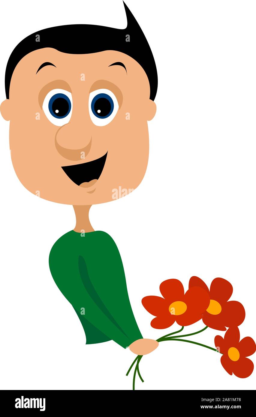 Mann mit Blumen, Illustration, Vektor auf weißem Hintergrund. Stock Vektor