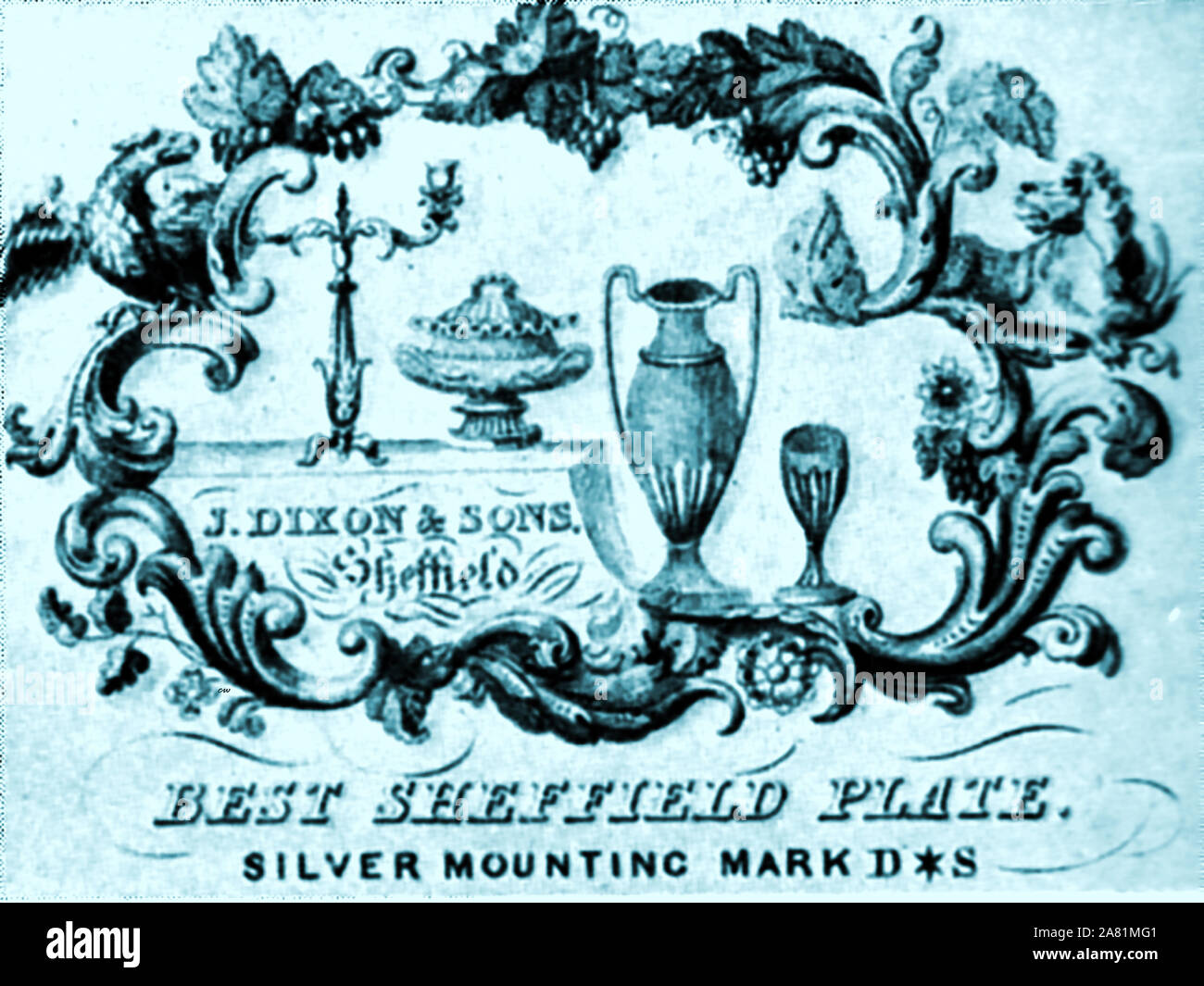 Sheffield Silber Industrie-Marker Platte von J Dixon & Söhne. Eine ihrer frühesten Marken war eine Trompete mit einem Banner aufhängen. Sie wurden im Jahr 1806 in Sheffield gegründet und zu einem der wichtigsten britischen Hersteller in der Industriellen Revolution des 19. Jahrhunderts. Sie wurden auch als Hersteller von Zinn Ware bekannt. Stockfoto