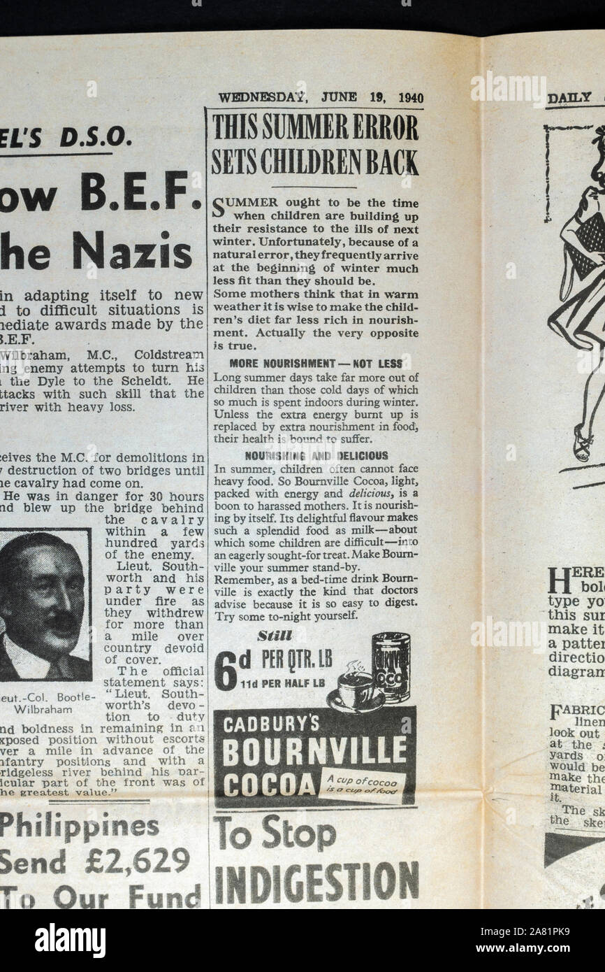 Anzeige für Cadbury's Bournville Kakao trinken: Täglich Skizze Zeitung (Nachbau), 19. Juni 1940 (während der Schlacht von Großbritannien). Stockfoto